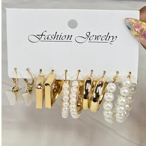 5-Pair Gold & Pearl Fashion Hoop Earring Set with Butterfly and Beaded Accents